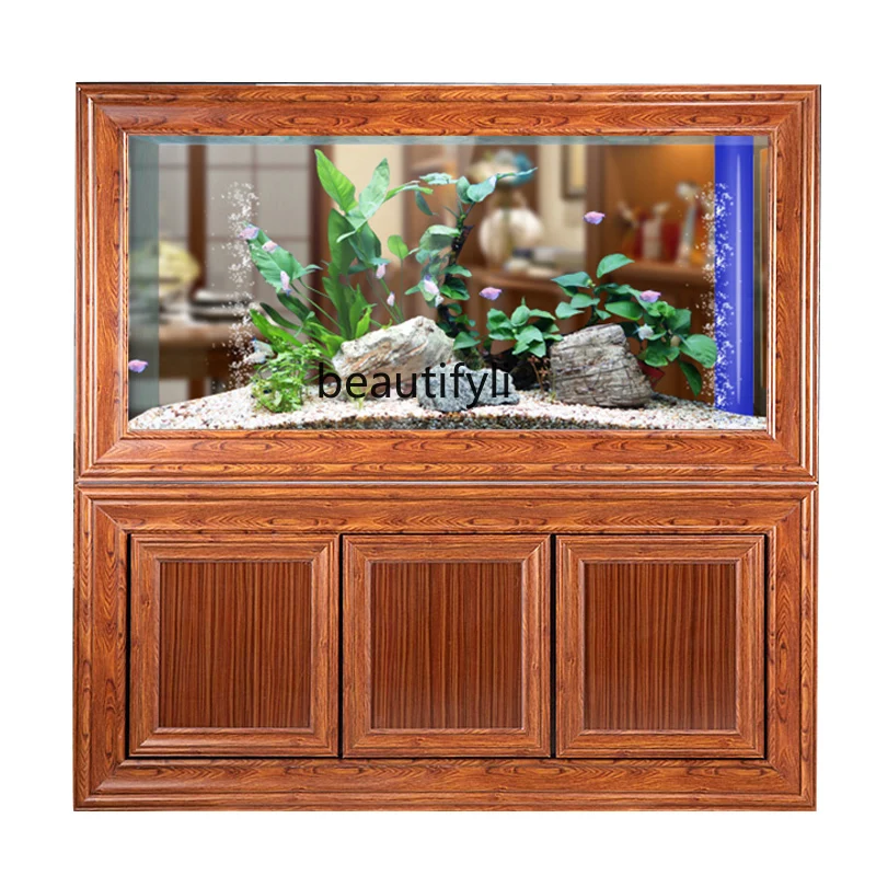 Aquarium Fish Dragon - ฉากกั้นตู้ปลาลายไม้แดงแบบจีน พร้อมตัวกรองใต้ตู้ขนาดใหญ่ ระบบกรองอัตโนมัติแบบอีโคโลจี สำหรับตู้ปลา H